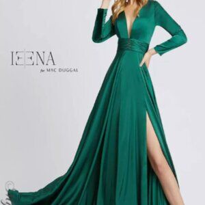 Mac Duggal Leena Plunge Satin A-Line Midi Dress Women Sz 10 Emerald Green EUC